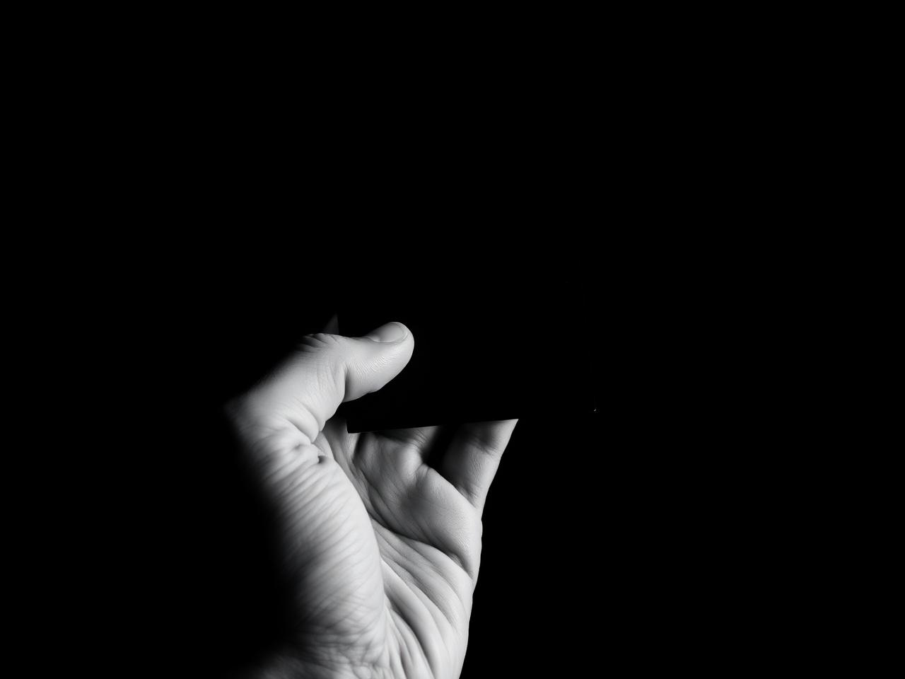 Hand holding a matte black card, lit by a single hard light, for the Synq product identity